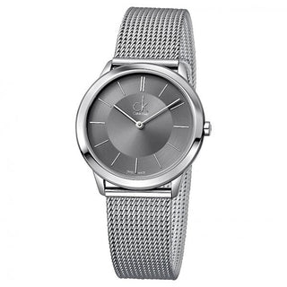 Front view of Calvin Klein Minimal K3M22124 Grey Dial Stainless Steel Mens Watch on white background