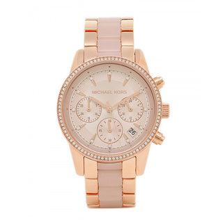 Front view of Michael Kors Ritz Chronograph MK6307 Rose Gold Dial Two Tone Stainless Steel Womens Watch on white background