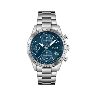 Front view of Hugo Boss Chronograph 1513850 Blue Dial Stainless Steel Mens Watch on white background