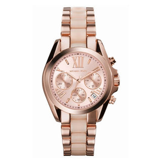 Front view of Michael Kors Bradshaw MK6066 Rose Gold Dial Two Tone Plastic Womens Watch on white background