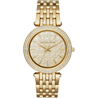 Front view of Michael Kors Darci MK3398 Gold Stainless Steel Womens Watch on white background