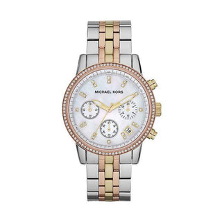 Front view of Michael Kors Ritz MK5650 Mother Of Pearl Dial Multicolour Stainless Steel Womens Watch on white background