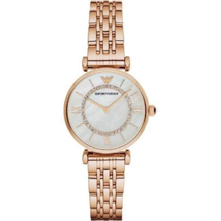 Front view of Emporio Armani AR1909 Mother Of Pearl Dial Rose Gold Stainless Steel Womens Watch on white background