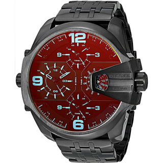 Front view of Diesel Uber Chief Chronograph DZ7373 Red Dial Black Stainless Steel Mens Watch on white background