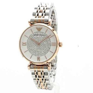 Front view of Emporio Armani Gianni T Bar AR1926 White Dial Two Tone Stainless Steel Womens Watch on white background