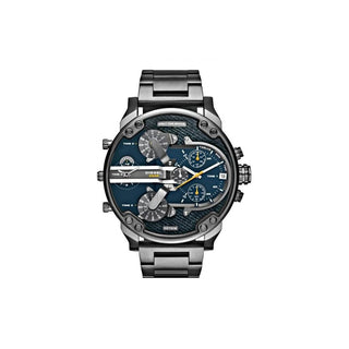 Front view of Diesel Big Daddy 2.0 DZ7331 Blue Dial Grey Stainless Steel Mens Watch on white background