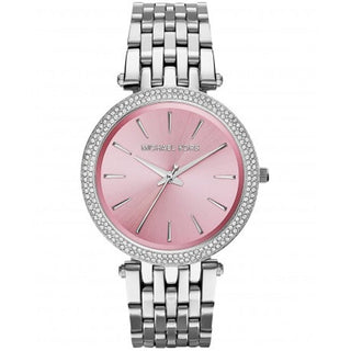 Front view of Michael Kors Darci MK3352 Pink Dial Silver Stainless Steel Womens Watch on white background