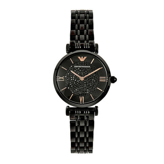 Front view of Emporio Armani Gianni T Bar All AR11245 Black Stainless Steel Womens Watch on white background