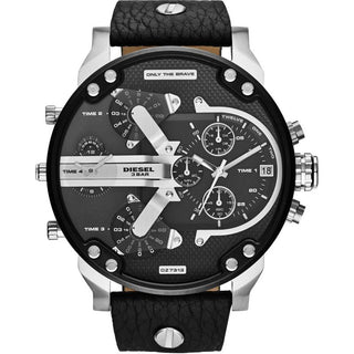 Front view of Diesel Mr Daddy DZ7313 Black Leather Mens Watch on white background