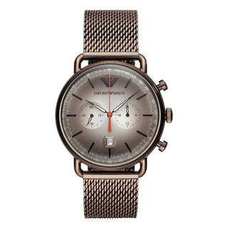 Front view of Emporio Armani Aviator Chronograph AR11169 Grey Dial Brown Stainless Steel Mens Watch on white background