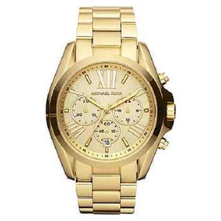 Front view of Michael Kors Bradshaw MK5605 Beige Dial Gold Stainless Steel Womens Watch on white background