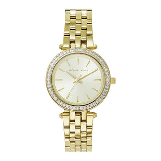 Front view of Michael Kors Darci MK3365 Gold Dial Silver Stainless Steel Womens Watch on white background