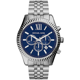 Front view of Michael Kors Lexington Chronograph MK8280 Blue Dial Silver Stainless Steel Mens Watch on white background