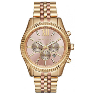 Front view of Michael Kors Lexington MK6473 Rose Gold Dial Gold Stainless Steel Womens Watch on white background