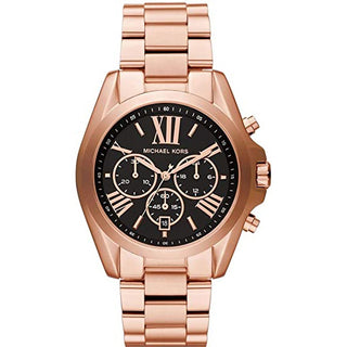 Front view of Michael Kors Bradshaw MK5854 Black Dial Rose Gold Stainless Steel Womens Watch on white background