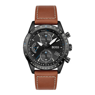 Front view of Hugo Boss Chronograph 1513851 Black Dial Brown Leather Mens Watch on white background
