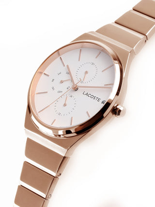 Angle shot of Lacoste 2001036 White Dial Rose Gold Stainless Steel Womens Watch on white background