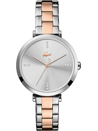 Front view of Lacoste 2001143 Silver Dial Rose Gold Stainless Steel Womens Watch on white background