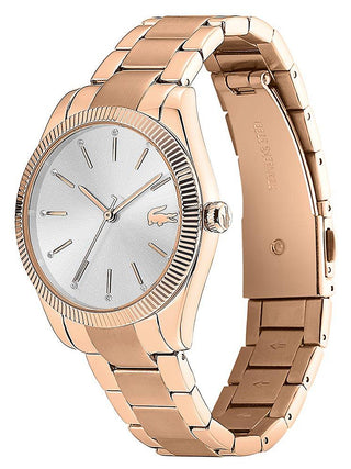 Angle shot of Lacoste 2001160 Silver Dial Rose Gold Stainless Steel Womens Watch on white background