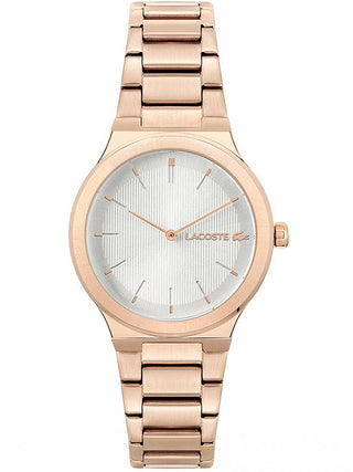 Front view of Lacoste 2001180 Silver Dial Rose Gold Stainless Steel Womens Watch on white background