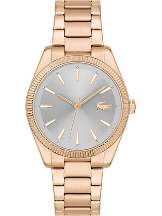 Front view of Lacoste 2001242 Grey Dial Rose Gold Stainless Steel Womens Watch on white background