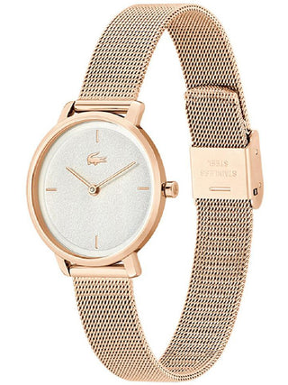 Angle shot of Lacoste 2001321 Silver Dial Rose Gold Stainless Steel Womens Watch on white background