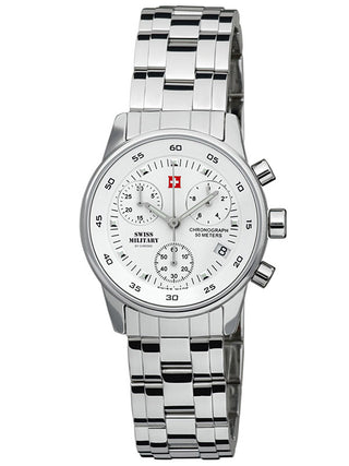 Front view of Swiss Military By Chrono Chronograph SM34013.02 White Dial Silver Stainless Steel Womens Watch on white background