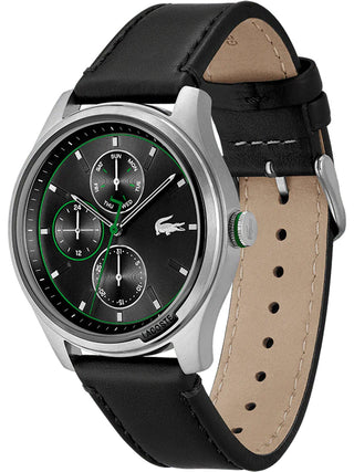 Angle shot of Lacoste 2011209 Black Leather Unisex Watch on white background