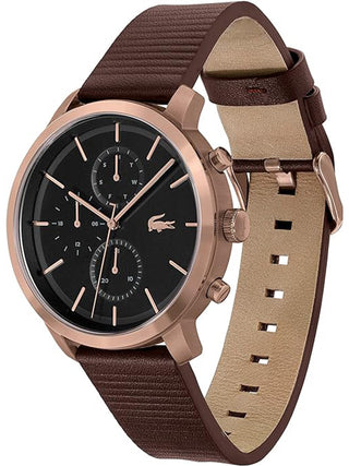 Angle shot of Lacoste Chronograph 2011257 Grey Dial Brown Leather Unisex Watch on white background