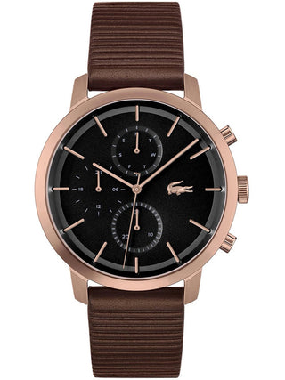 Front view of Lacoste Chronograph 2011257 Grey Dial Brown Leather Unisex Watch on white background