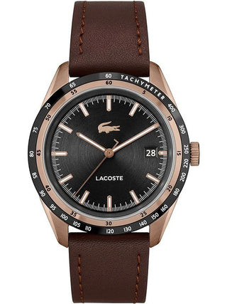 Front view of Lacoste 2011293 Black Dial Brown Leather Unisex Watch on white background