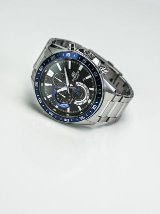 Angle shot of Casio Edifice Chronograph EFV-620D-1A2VUEF Black Dial Grey Stainless Steel Mens Watch on white background