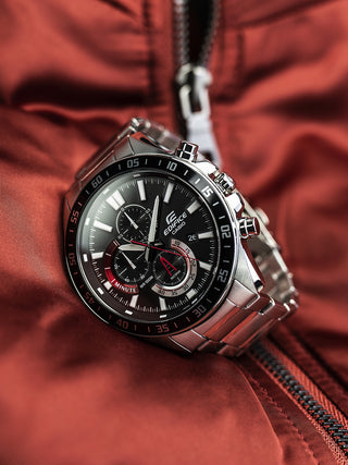 Angle shot of Casio Edifice Chronograph EFV-620D-1A4VUEF Black Dial Grey Stainless Steel Mens Watch on white background