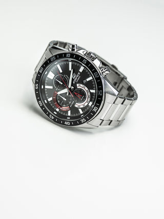 Angle shot of Casio Edifice Chronograph EFV-620D-1A4VUEF Black Dial Grey Stainless Steel Mens Watch on white background