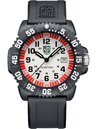 Angle shot of Luminox X2.2057 White Dial Black Silicone Unisex Watch on white background