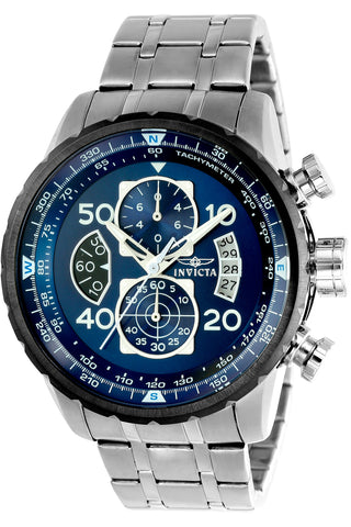 Front view of Invicta Aviator Chronograph INV22970 Blue Dial Grey Stainless Steel Mens Watch on white background