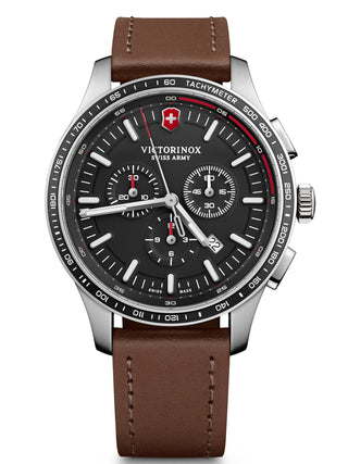 Front view of Victorinox Chronograph 241826 Black Dial Brown Leather Unisex Watch on white background