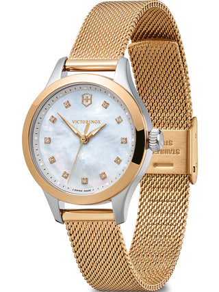 Angle shot of Victorinox 241879 Mother Of Pearl Dial Rose Gold Stainless Steel Womens Watch on white background