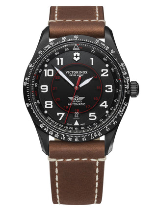 Front view of Victorinox 241886 Black Dial Brown Leather Unisex Watch on white background