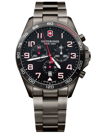 Front view of Victorinox Chronograph 241890 Black Stainless Steel Unisex Watch on white background