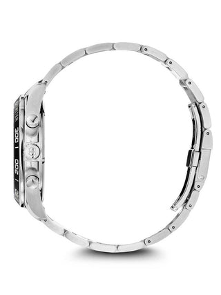 Angle shot of Victorinox Chronograph 241899 Black Dial Silver Stainless Steel Unisex Watch on white background