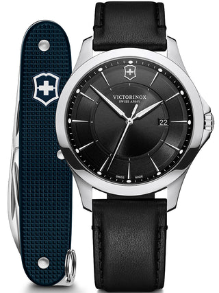 Front view of Victorinox 241904.1 Black Leather Unisex Watch on white background