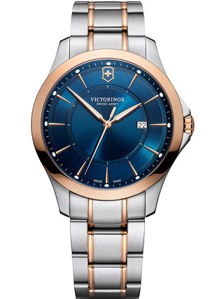 Front view of Victorinox 241911 Blue Dial Rose Gold Stainless Steel Unisex Watch on white background