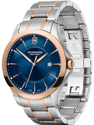 Angle shot of Victorinox 241911 Blue Dial Rose Gold Stainless Steel Unisex Watch on white background