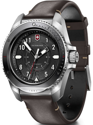 Angle shot of Victorinox 241976.1 Black Dial Brown Leather Unisex Watch on white background