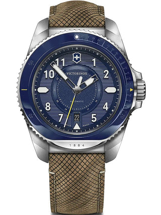 Angle shot of Victorinox 241980.1 Blue Dial Brown Leather Unisex Watch on white background