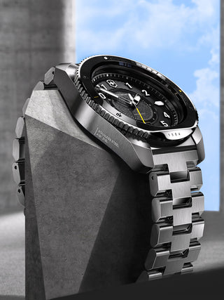 Angle shot of Victorinox 241981 Black Dial Silver Stainless Steel Unisex Watch on white background