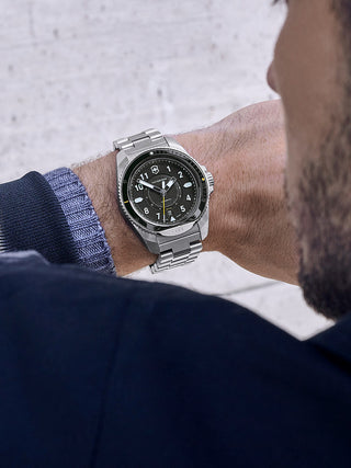 Angle shot of Victorinox 241981 Black Dial Silver Stainless Steel Unisex Watch on white background