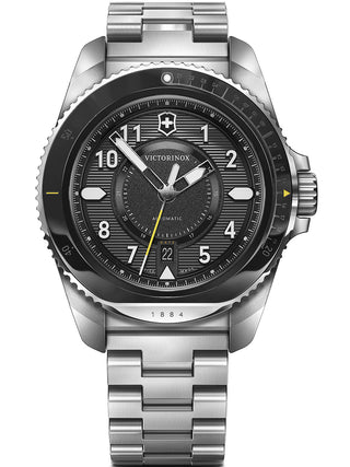Front view of Victorinox 241981 Black Dial Silver Stainless Steel Unisex Watch on white background