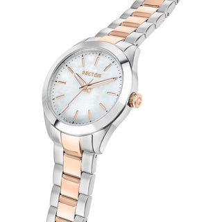 Angle shot of Sector R3253588520 Mother Of Pearl Dial Rose Gold Stainless Steel Womens Watch on white background